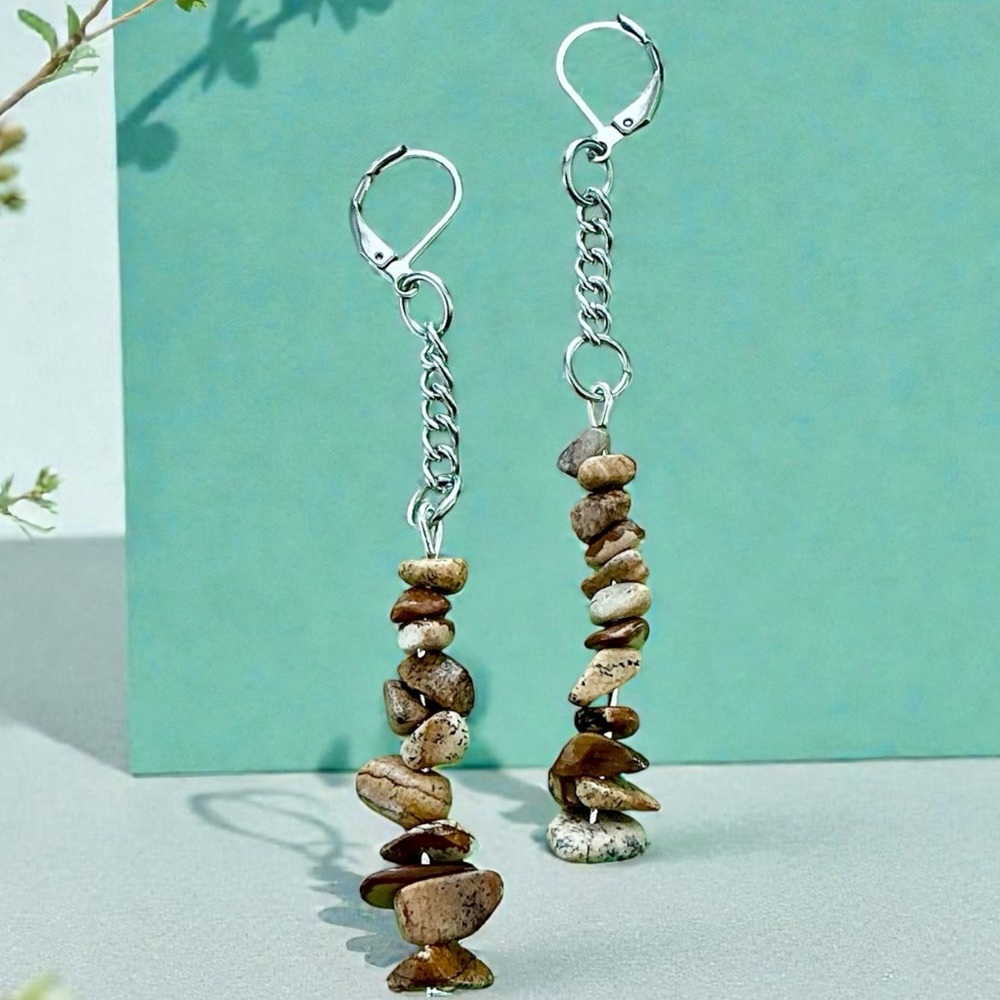 🆕 Picture Jasper Gemstones Dangle Earrings-Stainless Steel